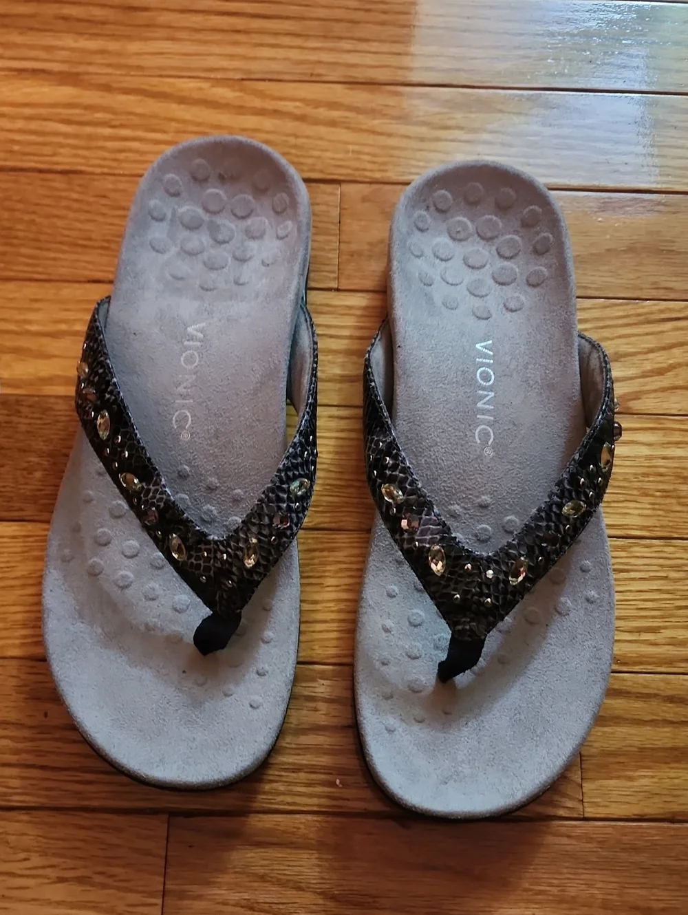 Vionic Lucia Orthoheel Slate Gray Snake Print Jewelled Embellished Thong Sandals